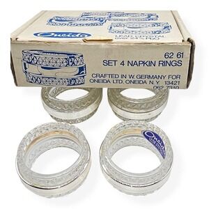 Vintage Oneida Set Of‎ 4 Lead Crystal And Chrome Napkin Rings In Original Box